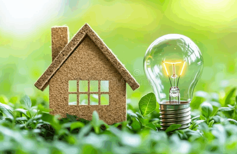 light-bulb-sitting-top-green-field-next-to-small-house-made-cardboard-all-set-against-background-343775251
